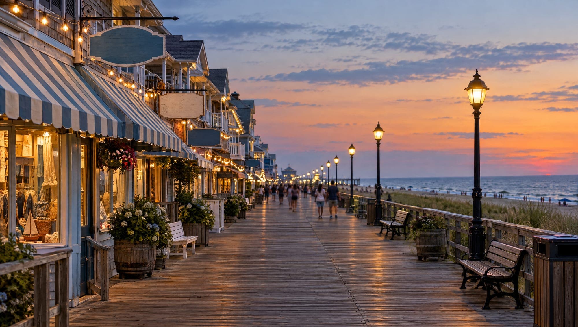 A Delaware beach-town boardwalk at dusk, string lights glowing under striped awnings