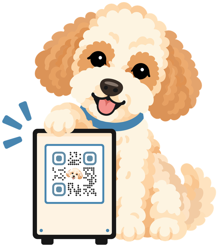 The pup holding up a QR code that opens the demo lookbook