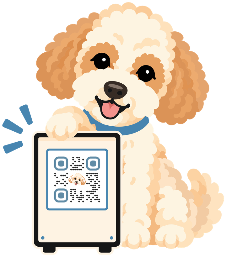 The pup holding up a QR code that opens the demo lookbook